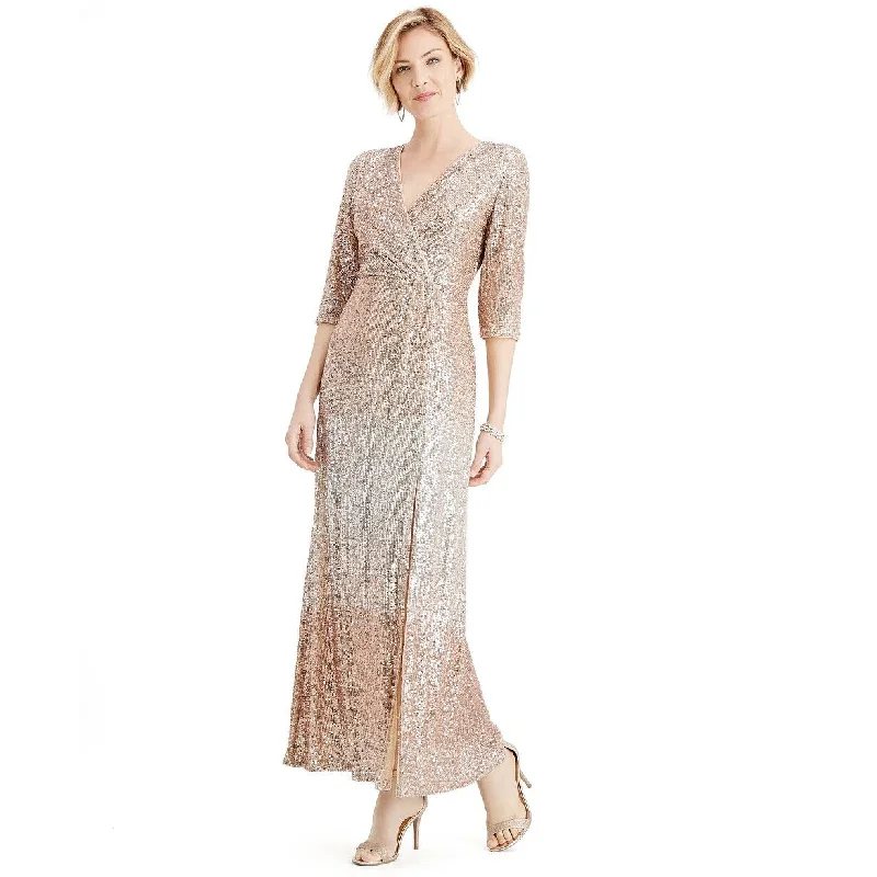 Unique prints R & M Richards Women's Petite Sequined Gown Beige Size 14P