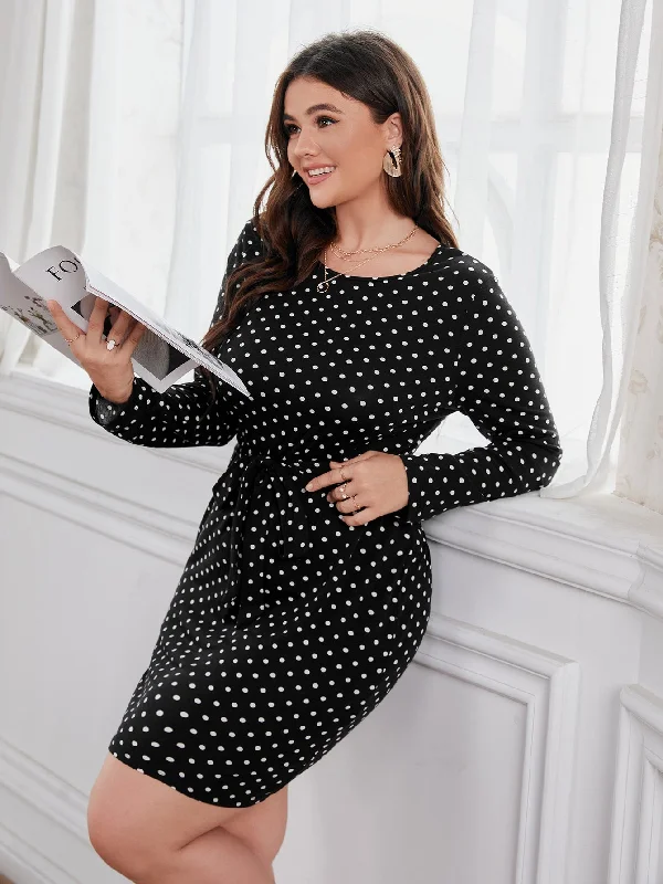 Warm Wear Casual Polka Dot Belted Long Sleeve Round Neck Pencil Natural Short Plus Size Dress