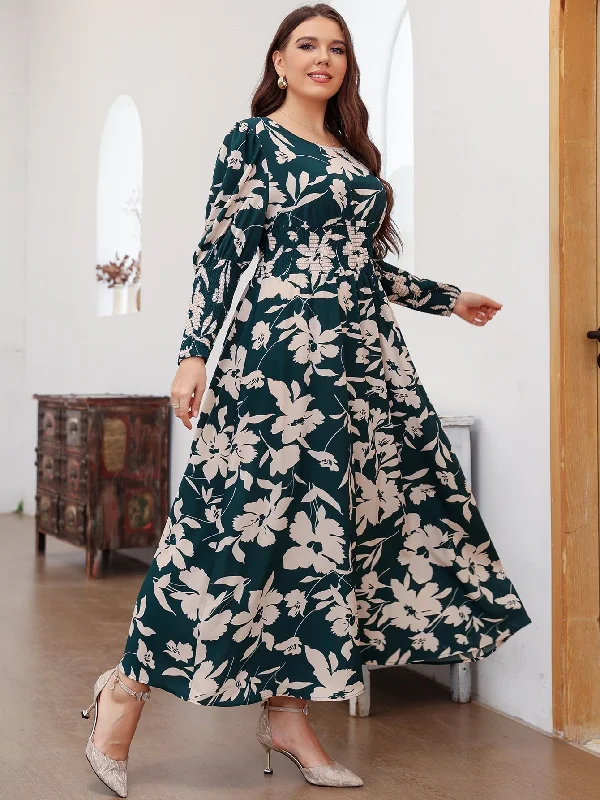 Printed pattern Elegant Floral Shirred Long Sleeve Round Neck Flared High Waist Maxi Plus Size Dress Printed pattern Elegant Floral Shirred Long Sleeve Round Neck Flared High Waist Maxi Plus Size Dress