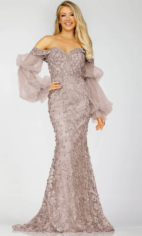 Casual Chic Wear Terani Couture 231E0515 - Off-Shoulder Sheer Sleeves Evening Gown