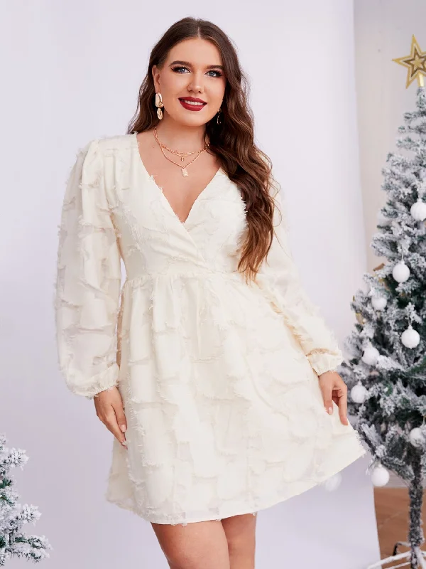 Elegant And Lazy Elegant Plain Long Sleeve V Neck Flared High Waist Short Plus Size Dress