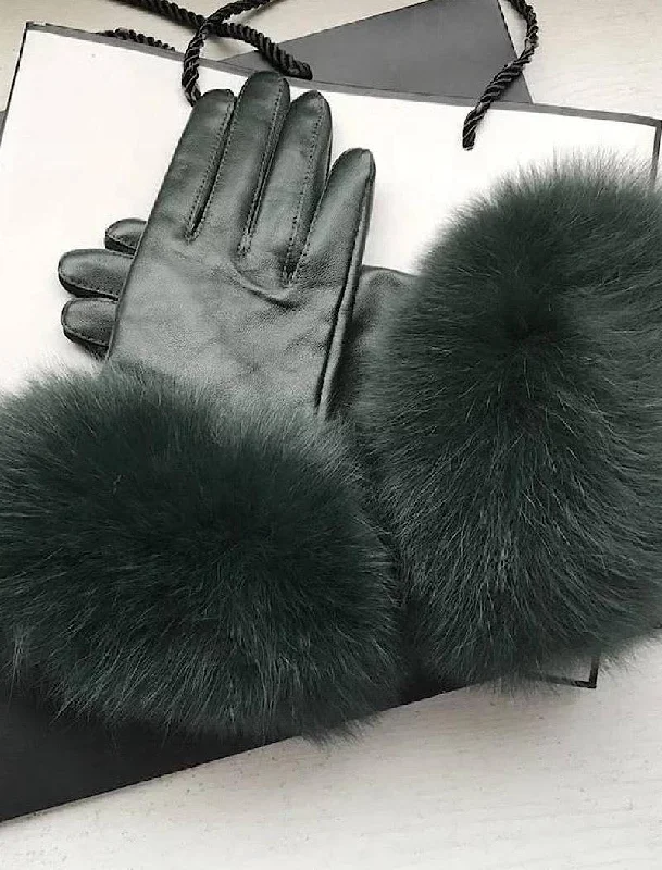 Loose Fit Genuine Fox Fur Trimmed Sheepskin Leather Gloves
