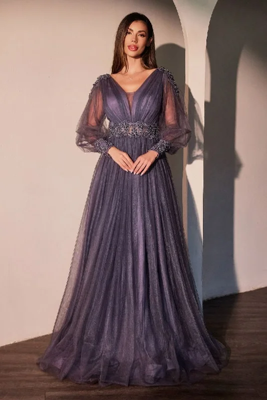 Elegant And Elegant Long Sleeves V-Neckline Layered Tulle Gown By Ladivine CD0938 - Women Evening Formal Gown - Special Occasion/Curves Elegant And Elegant Long Sleeves V-Neckline Layered Tulle Gown By Ladivine CD0938 - Women Evening Formal Gown - Special Occasion/Curves