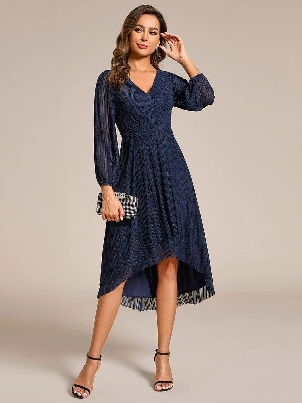 Wandering freely Glow Laura | Glitter Long Sleeve V-Neck A-Line Midi Wedding Guest Dress