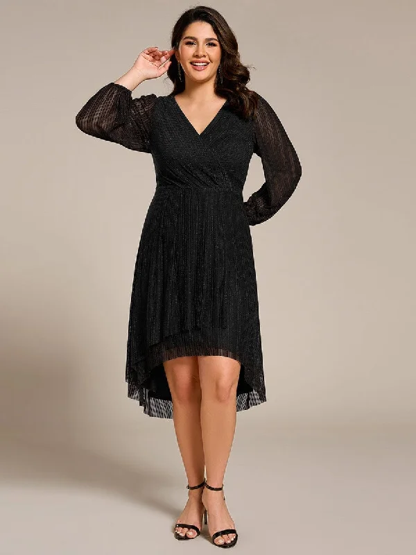 High-end atmosphere Glow Laura | Plus Size Pleated Long Sleeve V-Neck Midi Glitter Wedding Guest Dress High-end atmosphere Glow Laura | Plus Size Pleated Long Sleeve V-Neck Midi Glitter Wedding Guest Dress