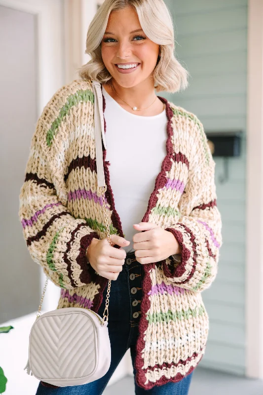 Comfortable Fashion Open To Love Taupe Brown Striped Cardigan