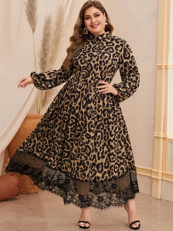 Mid-length Style Glamorous Leopard Zipper Long Sleeve Collar Flared High Waist Maxi Plus Size Dress Mid-length Style Glamorous Leopard Zipper Long Sleeve Collar Flared High Waist Maxi Plus Size Dress