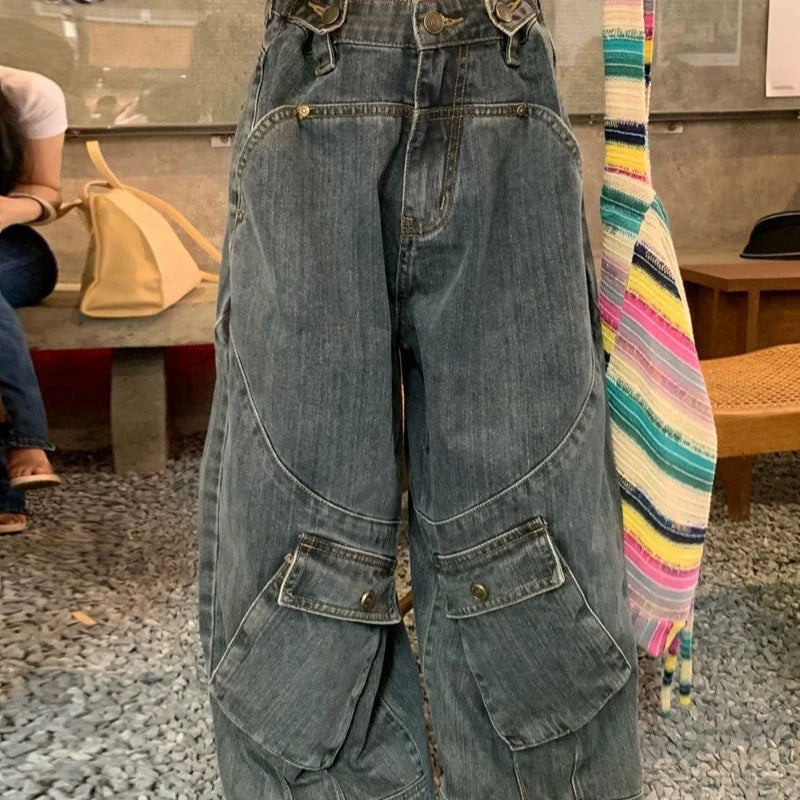 Elegant Series Women Jeans American Retro Large Pocket Work Clothes Jeans Women'S High Street Straight Tube Loose Wide Leg Long Pants