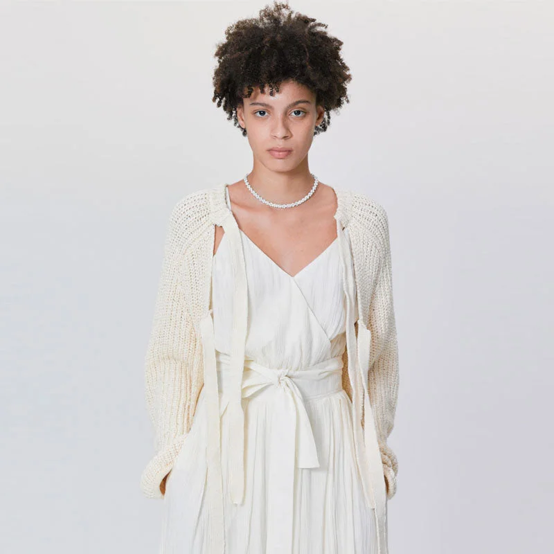 Sports Jacket Casual Beige  Dual Strap Self Tie Textured Pointelle Knit Oversized Cardigan