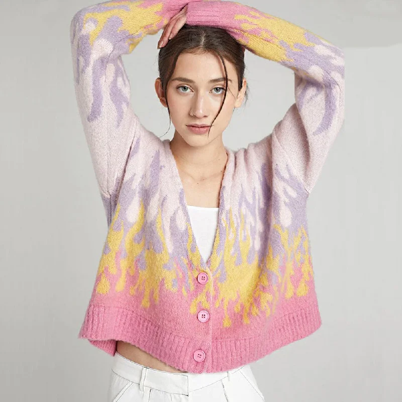 Simple research Fluffy Purple Mohair V Neck Button Down Oversized Flame Cardigan