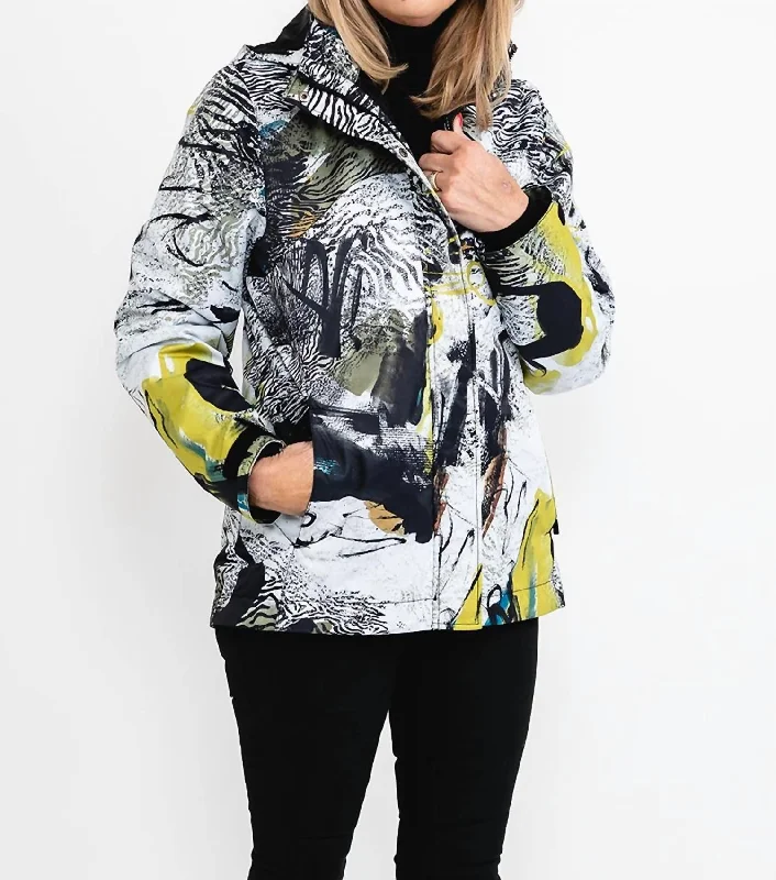 Safari Escape Soft Shell Laminated Abstract Art Coat In Black Multi