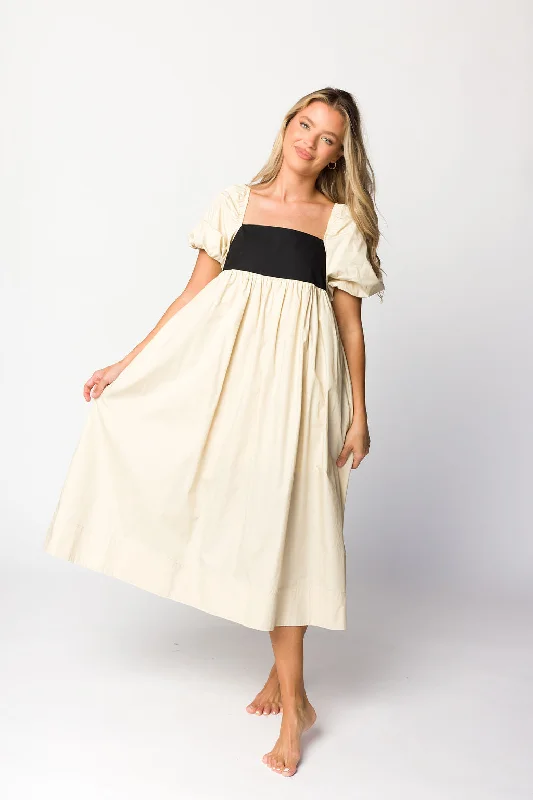 Amia Cotton Midi Dress in Beige