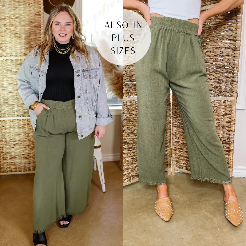 Right On Cue Drawstring Cropped Pants with Frayed Hem in Olive Green