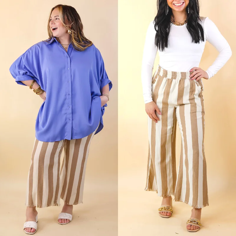 Cozy Vibes Right On Cue Elastic Waistband Striped Cropped Pants with Frayed Hem in Taupe