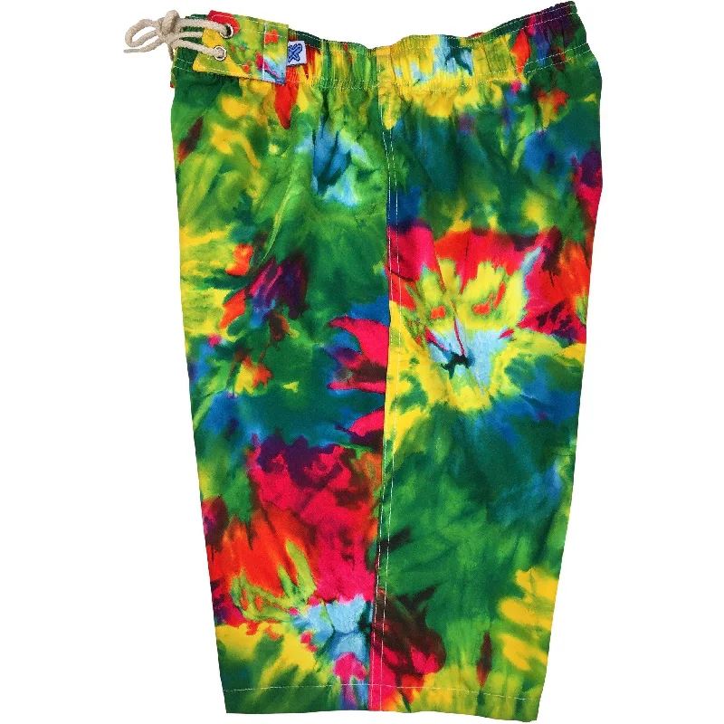 "Love N Haight" Tie Dye Womens Elastic Waist Swim Board Shorts.  HIGH Rise + 11" Inseam