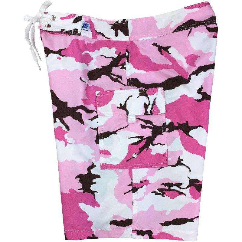 "Stealth Fanatic" Camo Print Womens Board Shorts - Regular Rise / 10.5" Inseam (Pink+Brown)