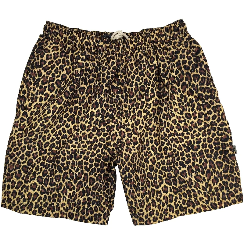 Free and comfortable "Wild Weekend" Animal Print Mens Swim Trunks (with mesh liner) - 22" Outseam / 9.5" Inseam (Brown)