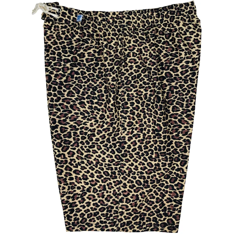 "Wild Weekend" Cheetah Womens Elastic Waist Swim Board Shorts. REGULAR Rise + 11" Inseam (Brown)